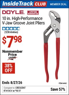 Harbor Freight ITC Coupon DOYLE 10 IN. HIGH-PERFORMANCE V-JAW GROOVE JOINT PLIERS Lot No. 64462 Valid Thru: 8/27/26 - $7.98