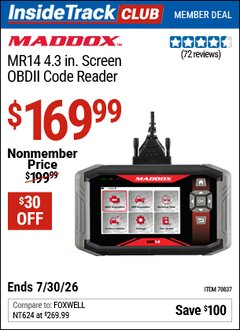 Harbor Freight ITC Coupon MADDOX MR14 4.3 IN. SCREEN OBDII CODE READER Lot No. 70837 Valid Thru: 7/30/26 - $169.99