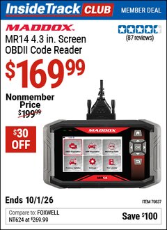 Harbor Freight Coupon MADDOX MR14 4.3 IN. SCREEN OBDII CODE READER Lot No. 70837 Valid: 12/31/69 - 10/1/26 - $169.99