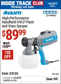 Harbor Freight ITC Coupon AVANTI HIGH-PERFORMANCE HANDHELD HVLP PAINT AND STAIN SPRAYER Lot No. 70839 Expired: 3/5/26 - $89.99