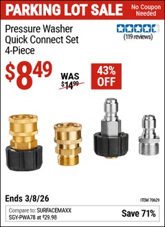 Harbor Freight Coupon PRESSURE WASHER QUICK CONNECT SET, 4-PIECE Lot No. 70629 Expired: 3/8/26 - $8.49