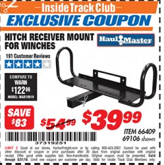 Harbor Freight ITC Coupon HITCH RECEIVER MOUNT FOR WINCHES Lot No. 69106 Expired: 8/31/19 - $39.99