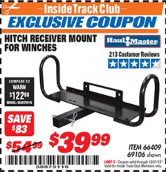 Harbor Freight ITC Coupon HITCH RECEIVER MOUNT FOR WINCHES Lot No. 69106 Expired: 10/31/19 - $39.99