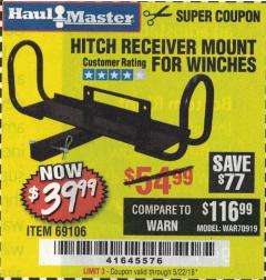 Harbor Freight Coupon HITCH RECEIVER MOUNT FOR WINCHES Lot No. 69106 Expired: 5/22/18 - $39.99