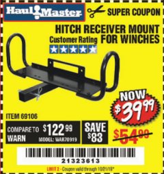 Harbor Freight Coupon HITCH RECEIVER MOUNT FOR WINCHES Lot No. 69106 Expired: 10/21/19 - $39.99