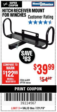 Harbor Freight Coupon HITCH RECEIVER MOUNT FOR WINCHES Lot No. 69106 Expired: 7/21/19 - $39.99