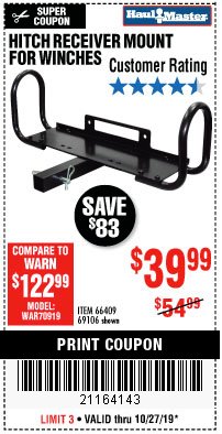 Harbor Freight Coupon HITCH RECEIVER MOUNT FOR WINCHES Lot No. 69106 Expired: 10/27/19 - $39.99
