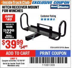 Harbor Freight ITC Coupon HITCH RECEIVER MOUNT FOR WINCHES Lot No. 69106 Expired: 12/18/19 - $39.99