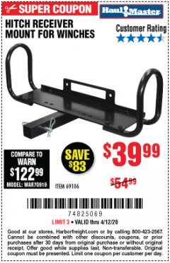 Harbor Freight Coupon HITCH RECEIVER MOUNT FOR WINCHES Lot No. 69106 Expired: 6/30/20 - $39.99