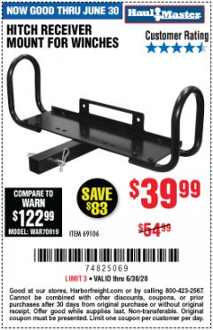 Harbor Freight Coupon HITCH RECEIVER MOUNT FOR WINCHES Lot No. 69106 Expired: 6/30/20 - $39.99