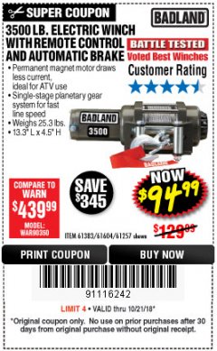 Harbor Freight Coupon 3500 LB. ELECTRIC WINCH WITH REMOTE CONTROL AND AUTOMATIC BRAKE Lot No. 61383/61604/61257 Expired: 10/21/18 - $94.99