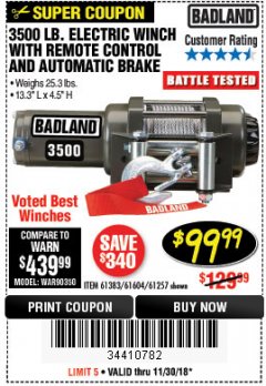 Harbor Freight Coupon 3500 LB. ELECTRIC WINCH WITH REMOTE CONTROL AND AUTOMATIC BRAKE Lot No. 61383/61604/61257 Expired: 11/30/18 - $99.99