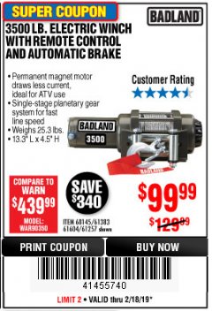 Harbor Freight Coupon 3500 LB. ELECTRIC WINCH WITH REMOTE CONTROL AND AUTOMATIC BRAKE Lot No. 61383/61604/61257 Expired: 2/18/19 - $99.99