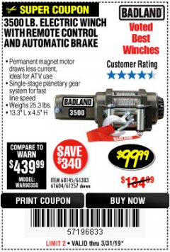 Harbor Freight Coupon 3500 LB. ELECTRIC WINCH WITH REMOTE CONTROL AND AUTOMATIC BRAKE Lot No. 61383/61604/61257 Expired: 3/31/19 - $99.99