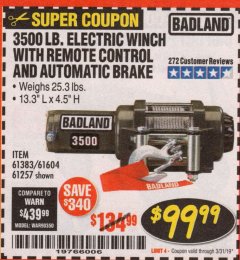 Harbor Freight Coupon 3500 LB. ELECTRIC WINCH WITH REMOTE CONTROL AND AUTOMATIC BRAKE Lot No. 61383/61604/61257 Expired: 3/31/19 - $99.99