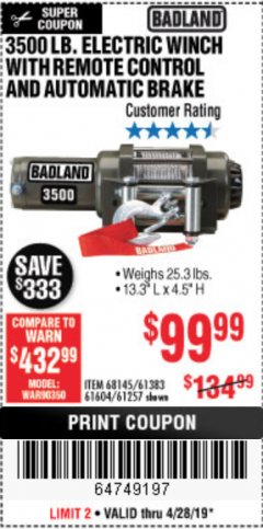Harbor Freight Coupon 3500 LB. ELECTRIC WINCH WITH REMOTE CONTROL AND AUTOMATIC BRAKE Lot No. 61383/61604/61257 Expired: 4/28/19 - $99.99
