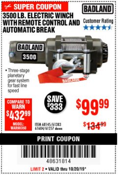 Harbor Freight Coupon 3500 LB. ELECTRIC WINCH WITH REMOTE CONTROL AND AUTOMATIC BRAKE Lot No. 61383/61604/61257 Expired: 10/20/19 - $99.99