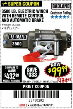 Harbor Freight Coupon 3500 LB. ELECTRIC WINCH WITH REMOTE CONTROL AND AUTOMATIC BRAKE Lot No. 61383/61604/61257 Expired: 11/30/19 - $99.99