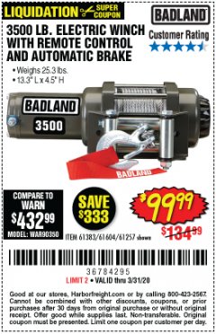 Harbor Freight Coupon 3500 LB. ELECTRIC WINCH WITH REMOTE CONTROL AND AUTOMATIC BRAKE Lot No. 61383/61604/61257 Expired: 3/31/20 - $99.99