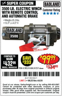 Harbor Freight Coupon 3500 LB. ELECTRIC WINCH WITH REMOTE CONTROL AND AUTOMATIC BRAKE Lot No. 61383/61604/61257 Expired: 6/30/20 - $99.99