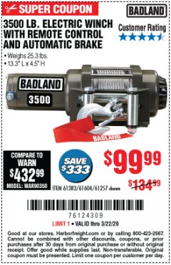 Harbor Freight Coupon 3500 LB. ELECTRIC WINCH WITH REMOTE CONTROL AND AUTOMATIC BRAKE Lot No. 61383/61604/61257 Expired: 3/22/20 - $99.99