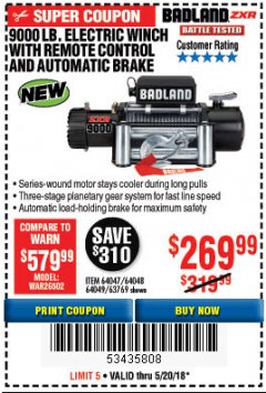 Harbor Freight Coupon 9000 LB. ELECTRIC WINCH WITH REMOTE CONTROL AND AUTOMATIC BRAKE Lot No. 61346/61325/62596/62278/68143 Expired: 5/20/18 - $269.99