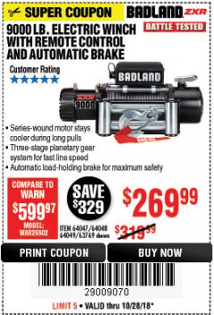 Harbor Freight Coupon 9000 LB. ELECTRIC WINCH WITH REMOTE CONTROL AND AUTOMATIC BRAKE Lot No. 61346/61325/62596/62278/68143 Expired: 10/28/18 - $269.99