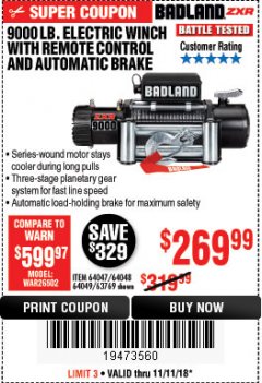 Harbor Freight Coupon 9000 LB. ELECTRIC WINCH WITH REMOTE CONTROL AND AUTOMATIC BRAKE Lot No. 61346/61325/62596/62278/68143 Expired: 11/11/18 - $269.99