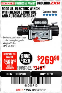 Harbor Freight Coupon 9000 LB. ELECTRIC WINCH WITH REMOTE CONTROL AND AUTOMATIC BRAKE Lot No. 61346/61325/62596/62278/68143 Expired: 12/16/18 - $269.99