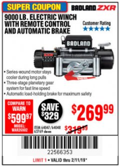 Harbor Freight Coupon 9000 LB. ELECTRIC WINCH WITH REMOTE CONTROL AND AUTOMATIC BRAKE Lot No. 61346/61325/62596/62278/68143 Expired: 2/11/19 - $269.99