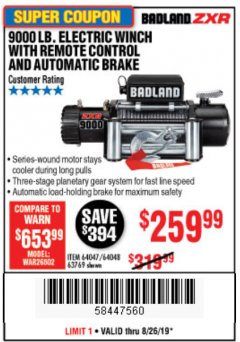 Harbor Freight Coupon 9000 LB. ELECTRIC WINCH WITH REMOTE CONTROL AND AUTOMATIC BRAKE Lot No. 61346/61325/62596/62278/68143 Expired: 8/26/19 - $259.99