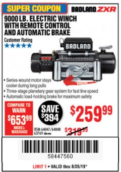 Harbor Freight Coupon 9000 LB. ELECTRIC WINCH WITH REMOTE CONTROL AND AUTOMATIC BRAKE Lot No. 61346/61325/62596/62278/68143 Expired: 8/26/19 - $259.99