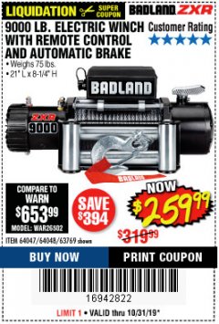Harbor Freight Coupon 9000 LB. ELECTRIC WINCH WITH REMOTE CONTROL AND AUTOMATIC BRAKE Lot No. 61346/61325/62596/62278/68143 Expired: 10/31/19 - $259.99