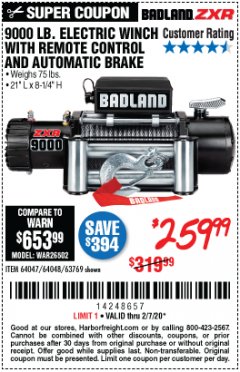 Harbor Freight Coupon 9000 LB. ELECTRIC WINCH WITH REMOTE CONTROL AND AUTOMATIC BRAKE Lot No. 61346/61325/62596/62278/68143 Expired: 2/7/20 - $259.99