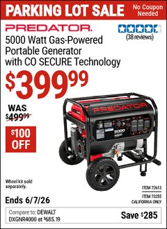 Harbor Freight Coupon PREDATOR 5000 WATT GAS-POWERED PORTABLE GENERATOR WITH CO SECURE TECHNOLOGY Lot No. 72613/73255 EXPIRES: 6/7/26 - $399.99