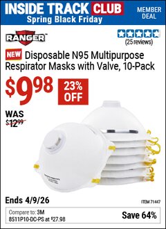 Harbor Freight Coupon RANGER DISPOSABLE N95 MULTIPURPOSE RESPIRATOR MASKS WITH VALVE, 10-PACK Lot No. 71447 Valid: 12/31/69 - 4/9/26 - $9.98