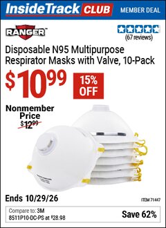 Harbor Freight ITC Coupon RANGER DISPOSABLE N95 MULTIPURPOSE RESPIRATOR MASKS WITH VALVE, 10-PACK Lot No. 71447 Valid Thru: 10/29/26 - $10.99