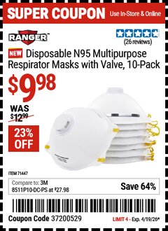 Harbor Freight Coupon RANGER DISPOSABLE N95 MULTIPURPOSE RESPIRATOR MASKS WITH VALVE, 10-PACK Lot No. 71447 Expired: 4/19/26 - $9.98