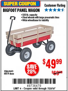 Harbor Freight Coupon BIGFOOT PANEL WAGON Lot No. 60570/69693/62375 Expired: 7/23/18 - $49.99