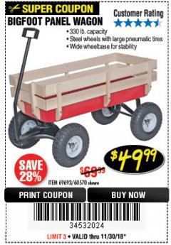 Harbor Freight Coupon BIGFOOT PANEL WAGON Lot No. 60570/69693/62375 Expired: 11/30/18 - $49.99