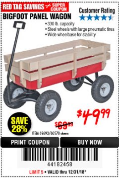 Harbor Freight Coupon BIGFOOT PANEL WAGON Lot No. 60570/69693/62375 Expired: 12/31/18 - $49.99