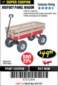 Harbor Freight Coupon BIGFOOT PANEL WAGON Lot No. 60570/69693/62375 Expired: 3/31/19 - $49.99