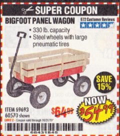 Harbor Freight Coupon BIGFOOT PANEL WAGON Lot No. 60570/69693/62375 Expired: 10/31/19 - $54.99