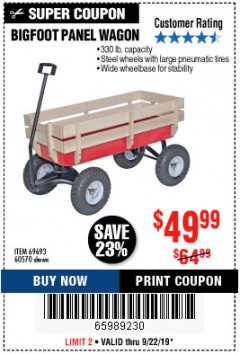 Harbor Freight Coupon BIGFOOT PANEL WAGON Lot No. 60570/69693/62375 Expired: 9/22/19 - $49.99