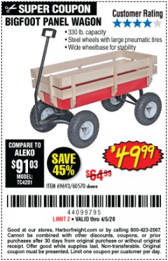 Harbor Freight Coupon BIGFOOT PANEL WAGON Lot No. 60570/69693/62375 Expired: 6/30/20 - $49.99