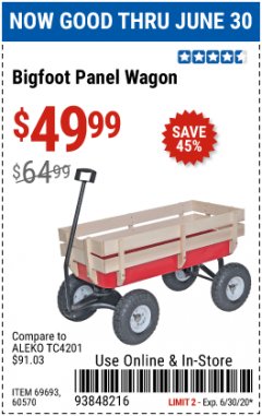 Harbor Freight Coupon BIGFOOT PANEL WAGON Lot No. 60570/69693/62375 Expired: 6/30/20 - $49.99