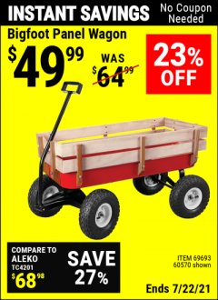 Harbor Freight Coupon BIGFOOT PANEL WAGON Lot No. 60570/69693/62375 Expired: 7/22/21 - $49.99