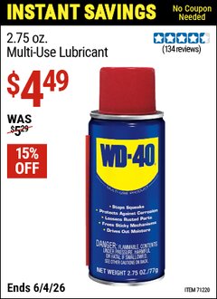 Harbor Freight Coupon WD-40 2.75 OZ. MULTI-USE LUBRICANT Lot No. 71220 Valid Thru: 6/4/26 - $4.49
