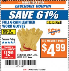 Harbor Freight ITC Coupon FULL GRAIN LEATHER WORK GLOVES - LARGE Lot No. 35166/61459/62352 Expired: 11/20/18 - $4.99