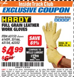 Harbor Freight ITC Coupon FULL GRAIN LEATHER WORK GLOVES - LARGE Lot No. 35166/61459/62352 Expired: 3/31/19 - $4.99